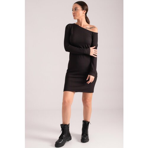 armonika Women's Black Fitted Asymmetric Collar Open Shoulder Mini Dress Cene