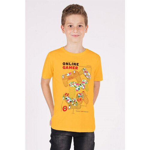 zepkids Boy's Mustard Colored Crew Neck Game Arm Printed T-Shirt Cene