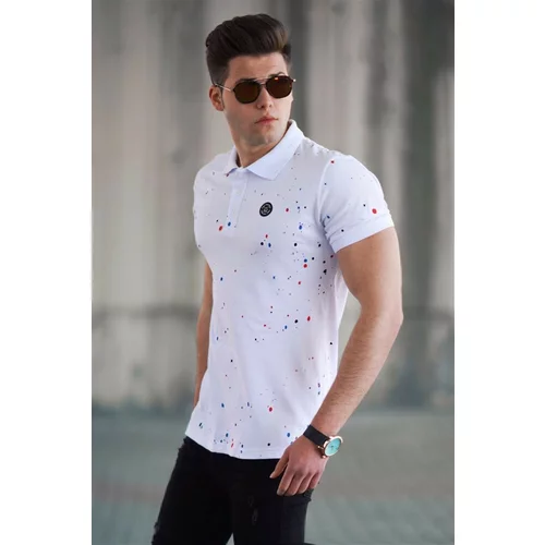 Madmext White Spray Print Polo Neck T-Shirt 4583