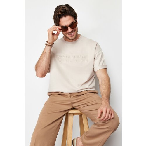 Trendyol men's gray oversize fluffy custom printed 100% cotton t-shirt Cene