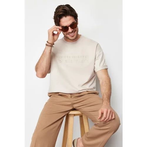 Trendyol Men's Gray Oversize Fluffy Custom Printed 100% Cotton T-Shirt