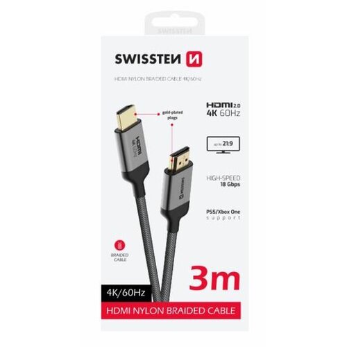 Swissten kabel HDMI 2.0, 60Hz, 18GB/s, 4K, do 21:9, 3m, pozlaćeni konek, crni Cene