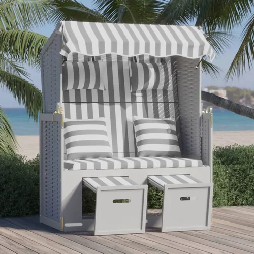 vidaXL Ležaljka za plažu s jastucima sivo-bijela od poliratana i drva