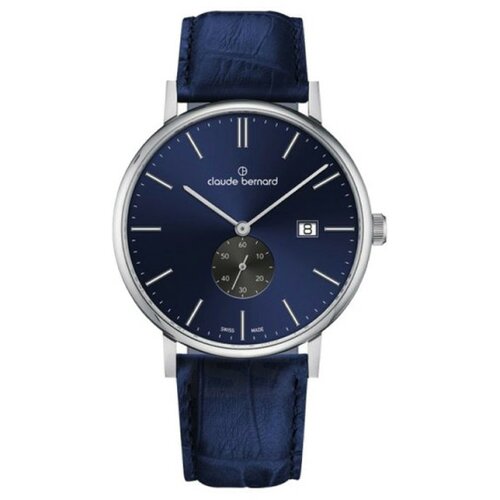 Claude Bernard muški classic slim line small seconds plavi srebrni elegantni ručni sat sa teget kožnim kaišem Slike
