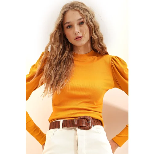 Trend Alaçatı Stili Women's Yellow Princess Sleeve Half Turtleneck Camisole Blouse