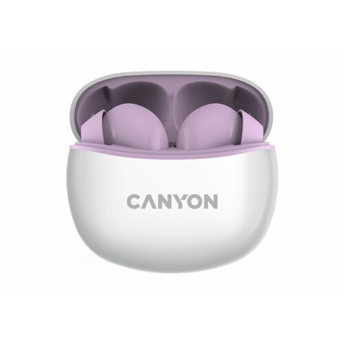 Canyon TWS-5 bluetooth headset, with microphone, bt V5.3 jl 6983D4, frequence Response:20Hz-20kHz, battery earbud 40mAh*2+Charging case 500mAh, type-c cable length 0.24m, size: 58.5*52.91*25.5mm, 0.036kg, purple Slike