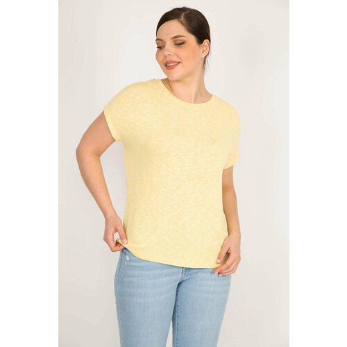 Şans Women's Yellow Plus Size Crew Neck Low Sleeve Blouse Slike