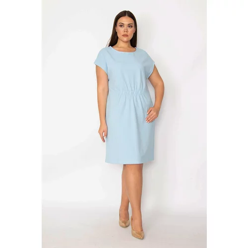 Şans Women's Plus Size Blue Front Waist Elastic Detail Low Sleeve Dress