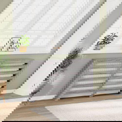 VidaXL Pokrov za radiator siv sonoma 149x20x82 cm inženirski les Slike