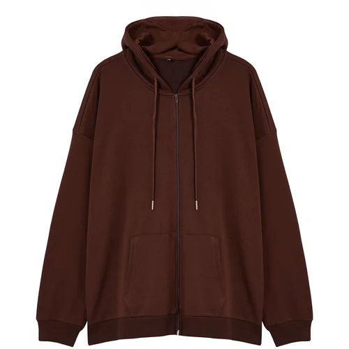 Trendyol Brown Plus Size Oversize Basic Hooded Zippered Inside Fleece Cotton Sweatshirt