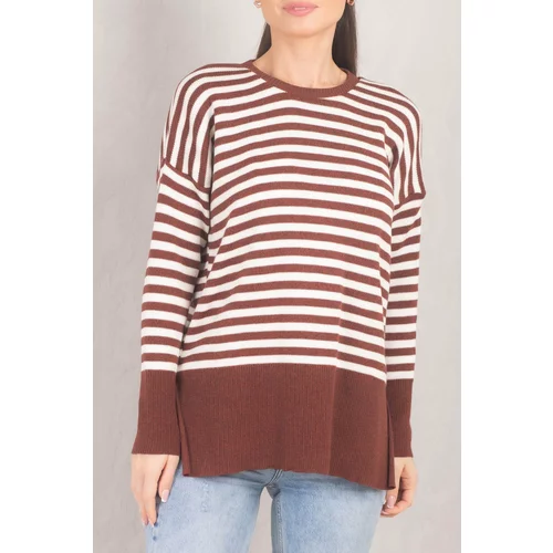 armonika Women's Brown Round Neck Striped Knitwear Sweater