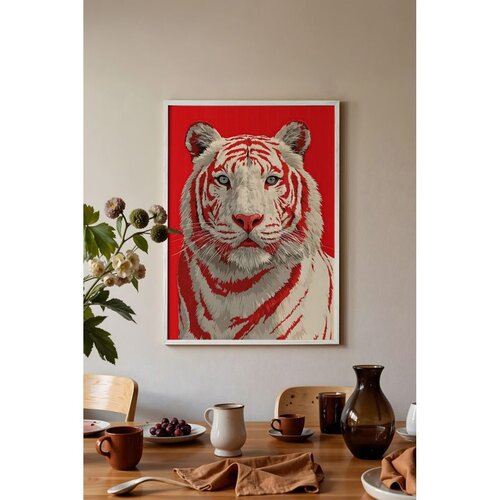 Wallxpert uramljena slika 115275, beli tigar na crvenoj pozadini, 50 x 70 cm, beli ram Cene
