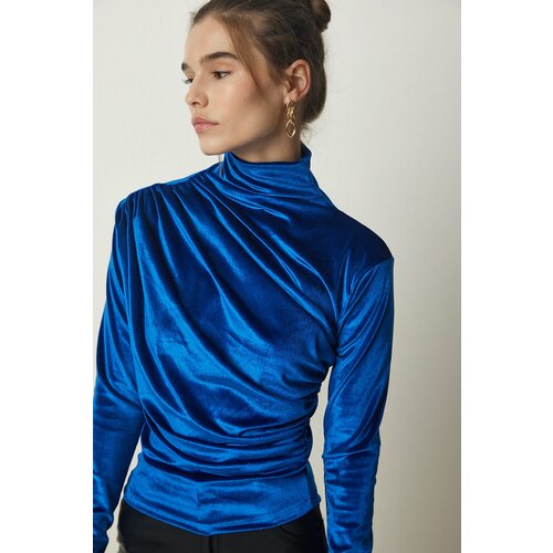 Happiness İstanbul women's blue gathered collar elegant velvet blouse Slike