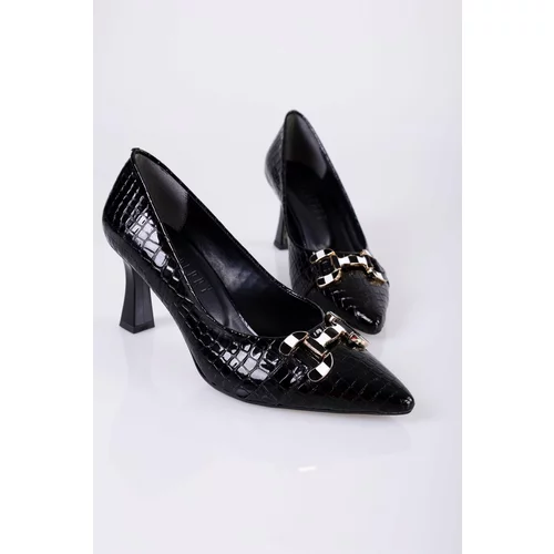 Shoeberry Women's Sadie Black Crocodile Patent Leather Heeled Shoes Stiletto