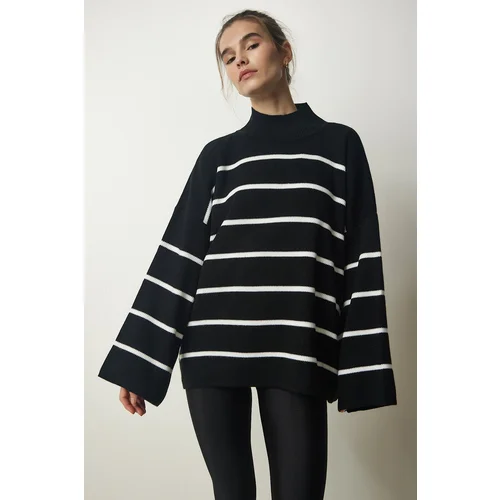  Women's Black High Neck Striped Oversize Knitwear Sweater