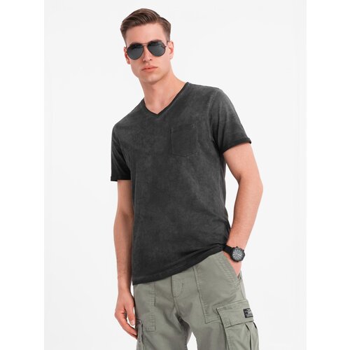 Ombre Men's cotton knit V-neck t-shirt with wash effect - black Cijene