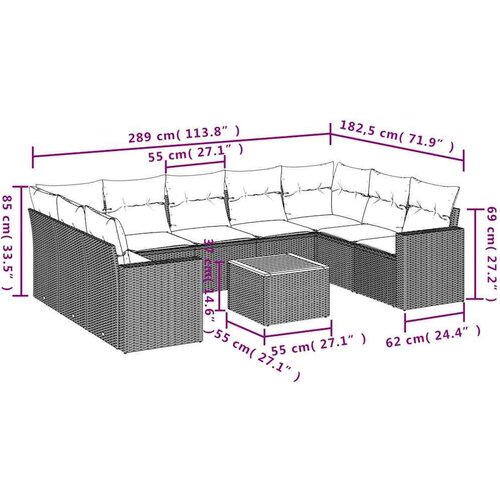  Vrtna garnitura - 10-dijelni set vrtnih sofa od poliratana s jastucima crni - Crna 2x corner+5x centre+2x sofa+1x garden+11x bac Slike