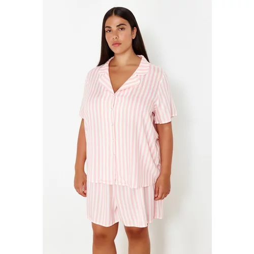 Trendyol Curve Pink Shirt Collar Striped Woven Pajama Set