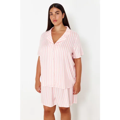 Trendyol Curve Pink Shirt Collar Striped Woven Pajama Set