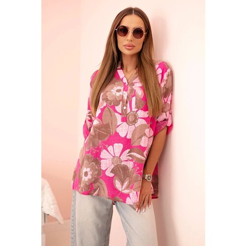 Kesi Włoski Women&amp;#039;s cotton shirt with 3/4 roll up sleeve with button and pocket fuchsia Slike