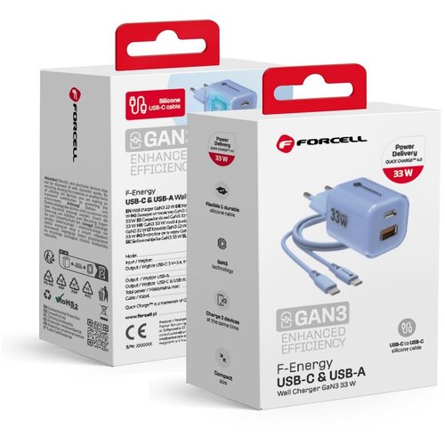  FORCELL F-ENERGY Crystal Color GaN III VT-41 putni punjač sa silikonskim kablom sa 1 x Type C + 1x USB A utičnicama. PD QC4.0 33W plavi Cene