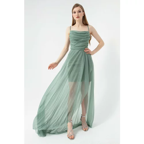 Lafaba Women's Mint Green Draped Ruffles, Glittery Evening Dress.