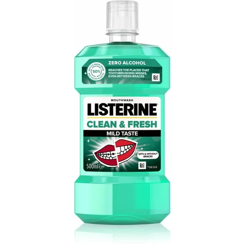 Listerine clean & Fresh Mild Taste Mouthwash vodica za ispiranje usta bez alkohola, pogodna za zube s aparatićem 500 ml