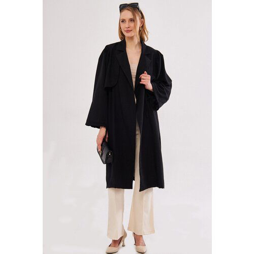 armonika Women's Black Ennea Trench Coat Sleeves Pleated Belted Cuff Laced Detail Slike