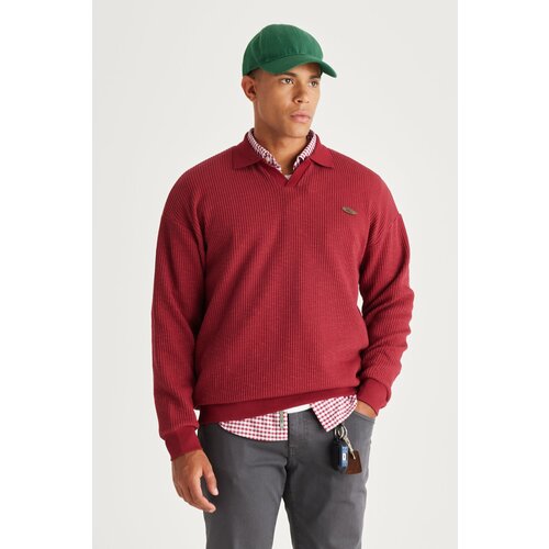 AC&Co / Altınyıldız Classics Men's Burgundy Loose Fit 3 Thread Polo Neck Jacquard Sweatshirt Cene
