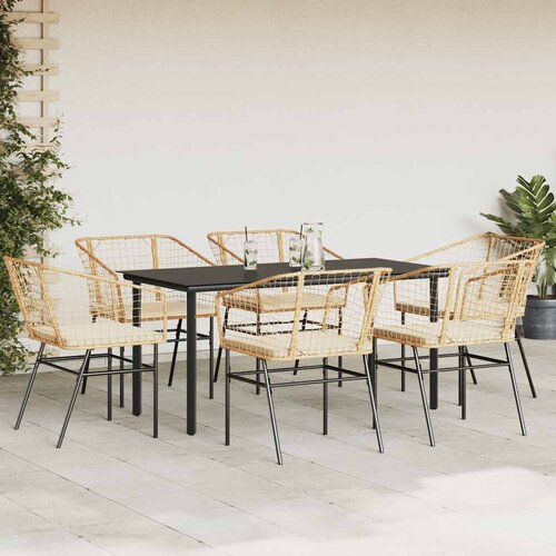  7-dijelni vrtni blagovaonski set s jastucima poliratan i staklo Smeđa 200 x 100 x 74 cm Slike