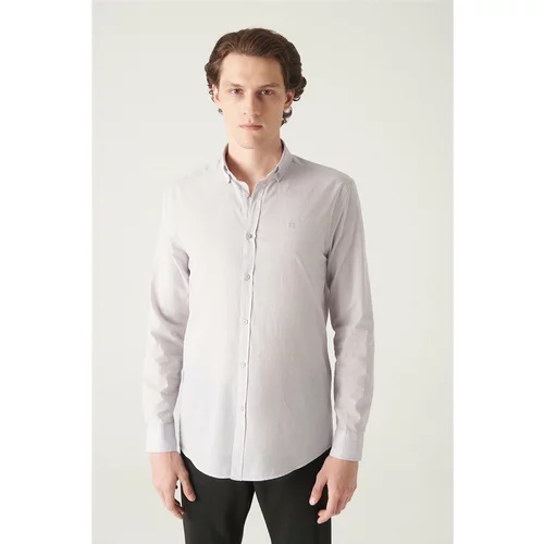Avva Men's Light Gray 100% Cotton Thin Soft Touch Button Collar Long Sleeve Standard Fit Normal Cut Shirt