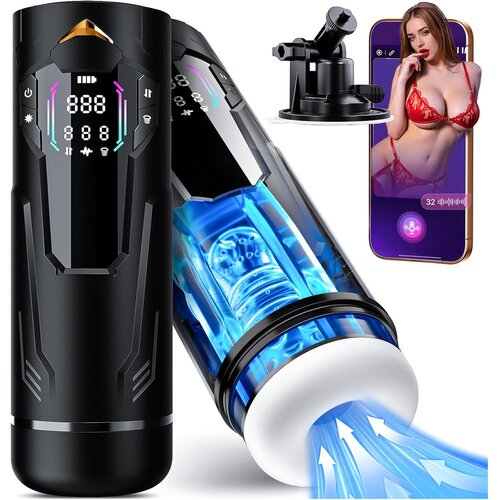 SuperLove Sucking, Thrusting &amp;amp; Vibrating Penis Pump Masturbator with LCD Display &amp;amp; Suction Base Black Slike
