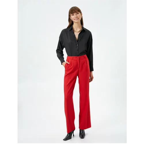 Koton Wide Leg Trousers With Fabric Buttons, Normal Waist Pockets.