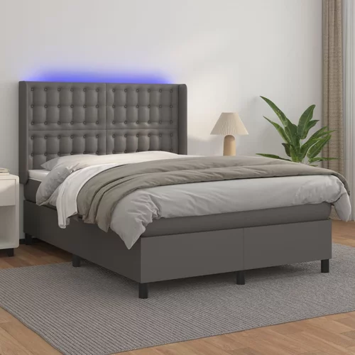 vidaXL Box spring postelja z vzmetnico LED siva 140x200cm umetno usnje
