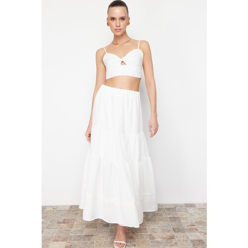 Trendyol ecru Hem Lace Detailed Linen Look Flared Maxi Woven Skirt Cene