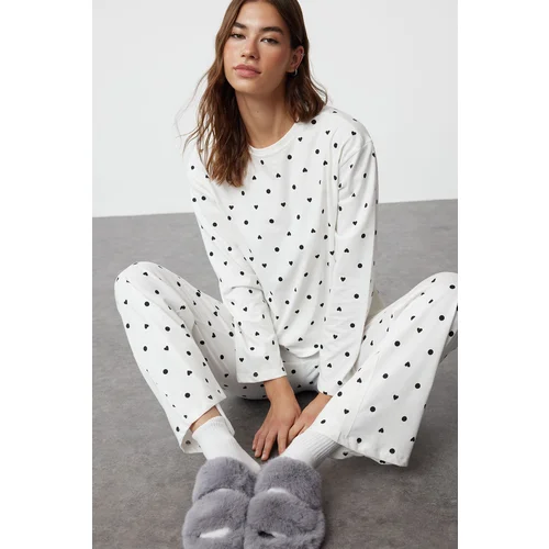 Trendyol Ecru Printed Single Jersey Knitted Pajama Set