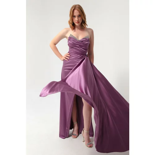 Lafaba Women's Lavender Long Evening Dress with Breast Stones