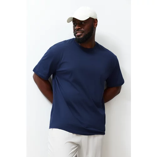 Trendyol Plus Size Navy Blue Men's Relaxed/Comfortable Cut Back Text Printed 100% Cotton Short Sleeve T-Shirt