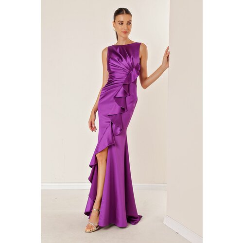 By Saygı Purple Flare Lined Long Satin Dress With Draping. Slike