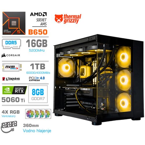 MEGA Računalnik MT S5 R5-7600X/RTX5060Ti/32GB-DDR5/1TB/750W/Brez OS/zelena črna RGB + Estetski napajalni kabli [Rumena / Črna], (5000367777) Slike