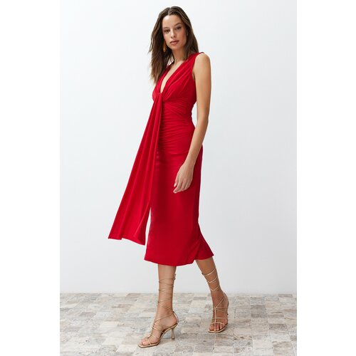 Trendyol Red Fitted Draped Knitted Elegant Evening Dress Slike