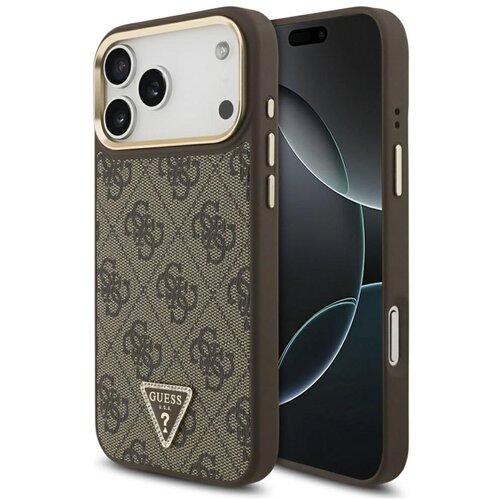  Maska za iPhone 17 Pro Max zlatno braon Guess 4G Triangle Logo MagSafe Slike