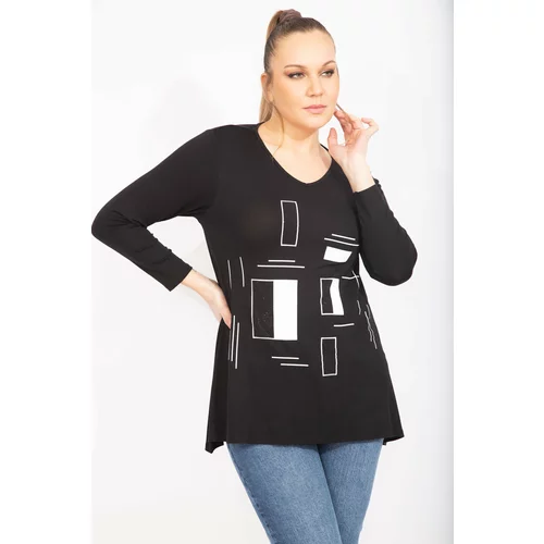 Şans Women's Plus Size Black V-Neck Stone And Print Detailed Tunic