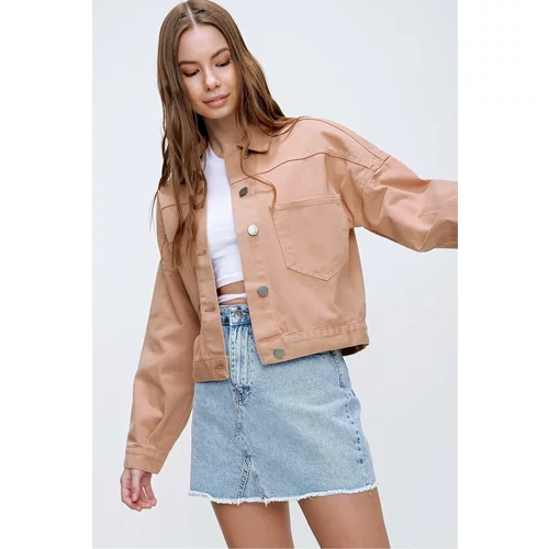 Trend Alaçatı Stili Women's Light Beige Crop Denim Jacket