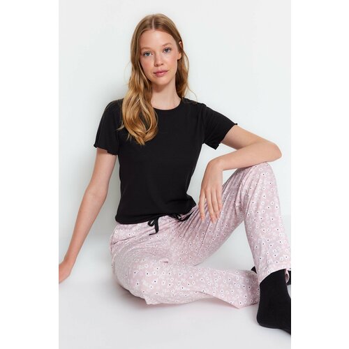Trendyol Black-Multicolored Floral Single Jersey Knitted Pajamas Set Slike