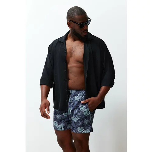 Trendyol Khaki Standard Size Leaf Tropical Pattern Plus Size Beach Shorts