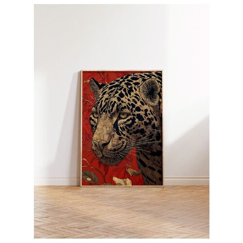 Wallxpert uramljena slika 115273, leopard i cveće na crvenoj pozadini, 50 x 70 cm, ram u boji prirodnog drveta Cene