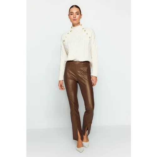 Trendyol Brown Shiny Surface Faux Leather Slit High Waist Trousers