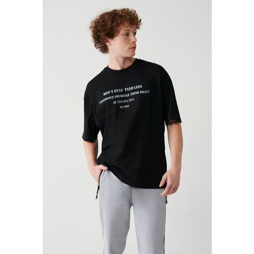 Avva Men's Black Oversize 100% Cotton Crew Neck Text Printed T-Shirt Slike