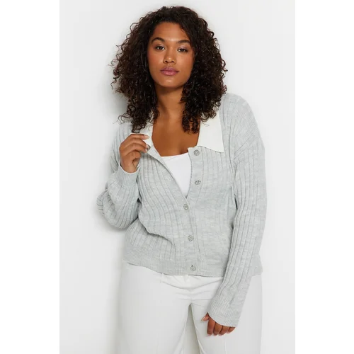 Trendyol Curve Gray Melange Ribbed Collar Detailed and Buttoned Knitwear Cardigan